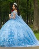 Cape Sleeve Sky Blue Quinceanera Dress Sweetheart Neck 15 Dresses With 3D Flowers