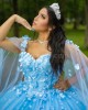 Cape Sleeve Sky Blue Quinceanera Dress Sweetheart Neck 15 Dresses With 3D Flowers