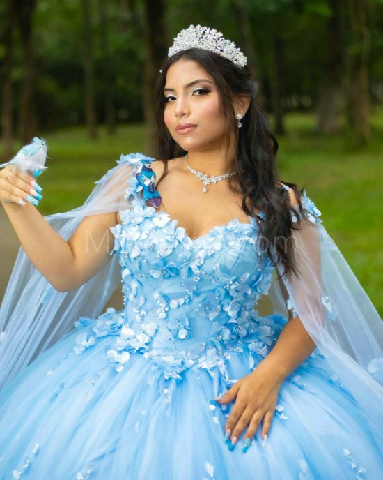 Cape Sleeve Sky Blue Quinceanera Dress Sweetheart Neck 15 Dresses With 3D Flowers