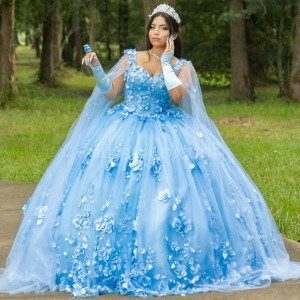 Cape Sleeve Sky Blue Quinceanera Dress Sweetheart Neck 15 Dresses With 3D Flowers