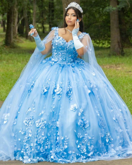 Cape Sleeve Sky Blue Quinceanera Dress Sweetheart Neck 15 Dresses With 3D Flowers