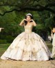 Champagne Off Shoulder Quinceanera Dress Metallic Sequin Sweetheart Neck 15 Dresses