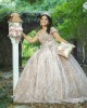 Champagne Off Shoulder Quinceanera Dress Metallic Sequin Sweetheart Neck 15 Dresses