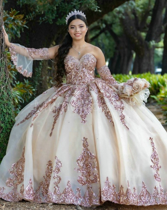 Detachable Champagne Quinceanera Dress Lace Appliques Sweetheart Neck 15 Dresses