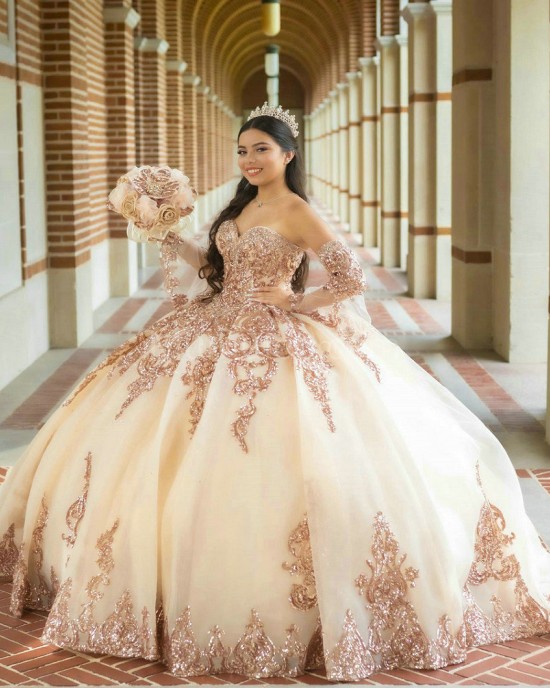 Detachable Champagne Quinceanera Dress Lace Appliques Sweetheart Neck 15 Dresses