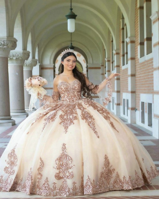 Detachable Champagne Quinceanera Dress Lace Appliques Sweetheart Neck 15 Dresses