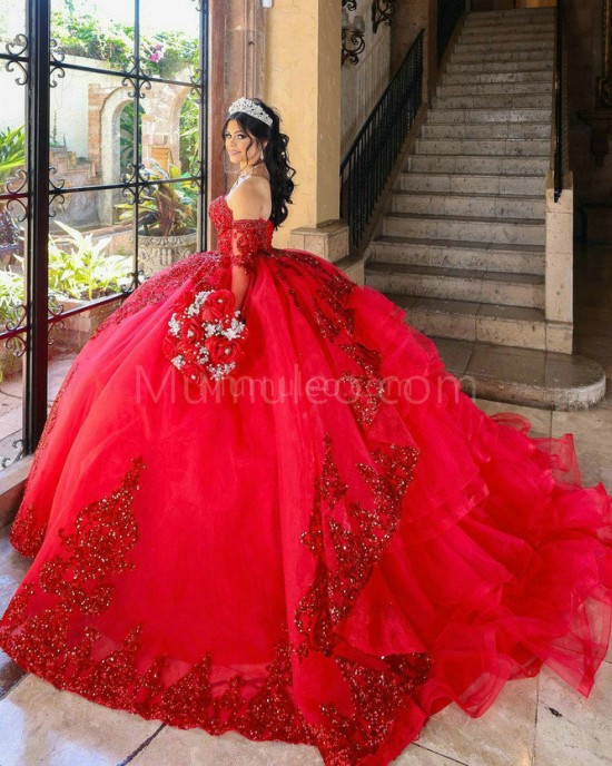 Detachable Red Quinceanera Dress Metallic Sequin Sweetheart Neck 15 Dresses