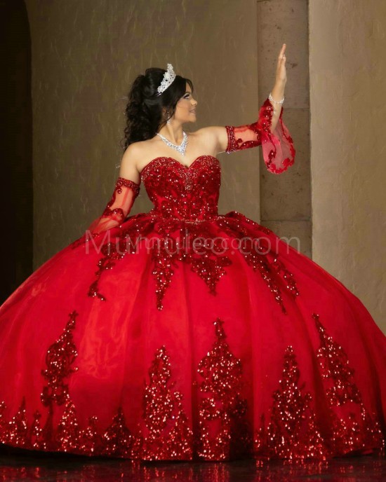 Detachable Red Quinceanera Dress Metallic Sequin Sweetheart Neck 15 Dresses