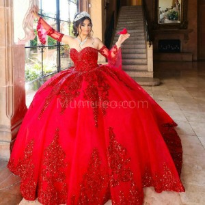 Detachable Red Quinceanera Dress Metallic Sequin Sweetheart Neck 15 Dresses