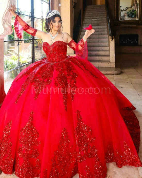 Detachable Red Quinceanera Dress Metallic Sequin Sweetheart Neck 15 Dresses