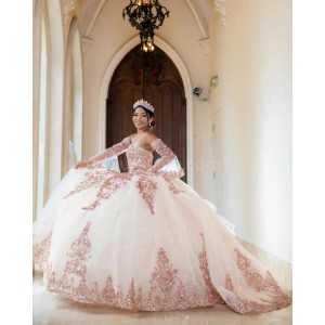 Detachable Rose Gold Quinceanera Dress Lace Appliques Off Shoulder 15 Dresses