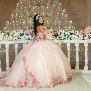 Detachable Rose Gold Quinceanera Dress Sweetheart Neck Off Shoulder 15 Dresses