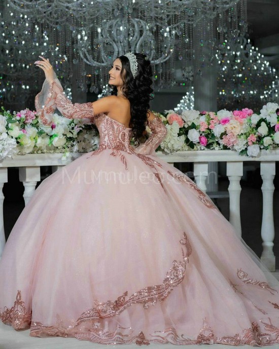 Detachable Rose Gold Quinceanera Dress Sweetheart Neck Off Shoulder 15 Dresses