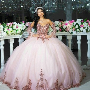 Detachable Rose Gold Quinceanera Dress Sweetheart Neck Off Shoulder 15 Dresses