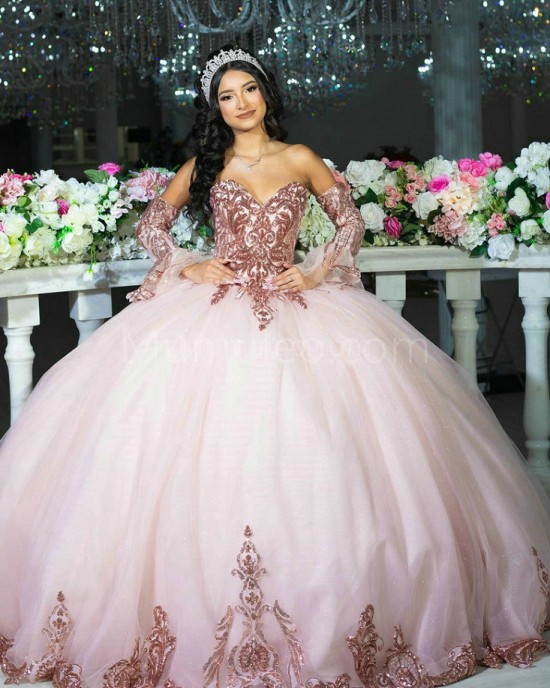 Detachable Rose Gold Quinceanera Dress Sweetheart Neck Off Shoulder 15 Dresses