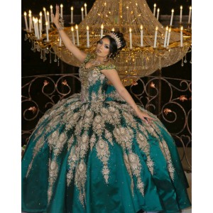 Emerald Green Off Shoulder Quinceanera Dress Lace Appliques V Neck 15 Dresses