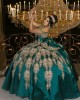 Emerald Green Off Shoulder Quinceanera Dress Lace Appliques V Neck 15 Dresses