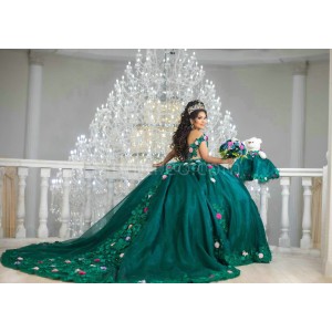 Emerald Green Off Shoulder Quinceanera Dress Sweetheart Neck 15 Dresses With 3D Flowers