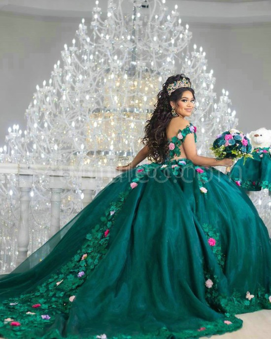 Emerald Green Off Shoulder Quinceanera Dress Sweetheart Neck 15 Dresses With 3D Flowers