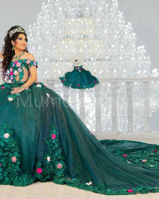 Emerald Green Off Shoulder Quinceanera Dress Sweetheart Neck 15 Dresses With 3D Flowers