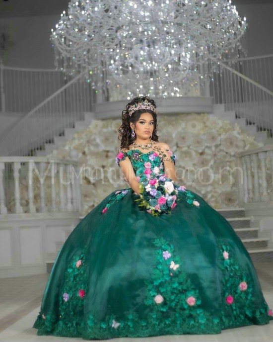 Emerald Green Off Shoulder Quinceanera Dress Sweetheart Neck 15 Dresses With 3D Flowers