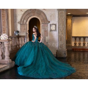 Emerald Green Off Shoulder Quinceanera Dresses Lace Appliques Sweetheart Neck 15 Dress