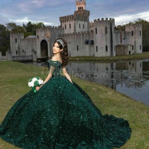 Fringe Sleeve Emerald Green Quinceanera Dress V Neck Metallic Sequin 15 Dresses