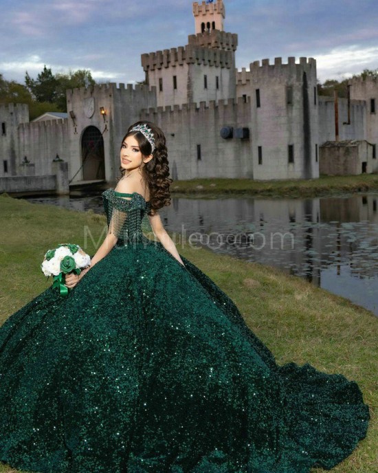 Fringe Sleeve Emerald Green Quinceanera Dress V Neck Metallic Sequin 15 Dresses