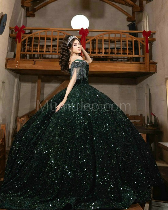 Fringe Sleeve Emerald Green Quinceanera Dress V Neck Metallic Sequin 15 Dresses