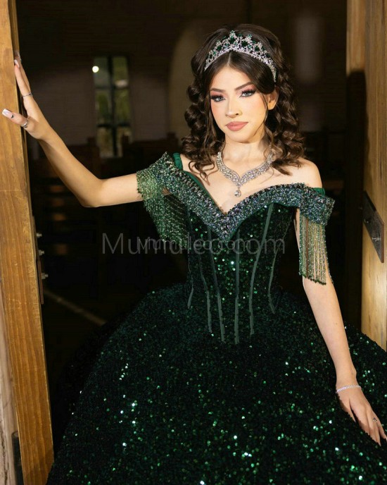 Fringe Sleeve Emerald Green Quinceanera Dress V Neck Metallic Sequin 15 Dresses