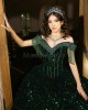 Fringe Sleeve Emerald Green Quinceanera Dress V Neck Metallic Sequin 15 Dresses