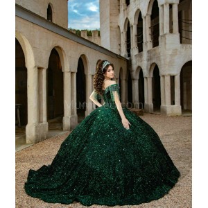 Fringe Sleeve Emerald Green Quinceanera Dress V Neck Metallic Sequin 15 Dresses