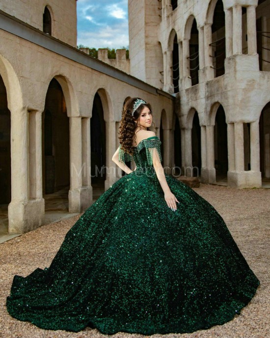 Fringe Sleeve Emerald Green Quinceanera Dress V Neck Metallic Sequin 15 Dresses