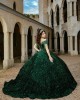 Fringe Sleeve Emerald Green Quinceanera Dress V Neck Metallic Sequin 15 Dresses