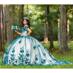 Green On White Quinceanera Dress Lace Appliques Sweetheart Neck 15 Dresses With 3D Flowers