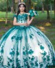 Green On White Quinceanera Dress Lace Appliques Sweetheart Neck 15 Dresses With 3D Flowers