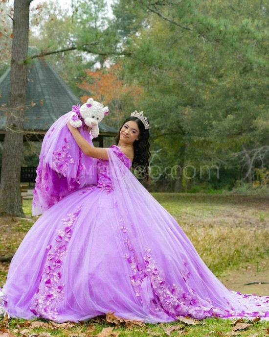 Lilac Quinceanera Dress Off Shoulder Sweetheart Neck 15 Dresses With 3D Flowers