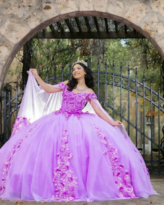 Lilac Quinceanera Dress Off Shoulder Sweetheart Neck 15 Dresses With 3D Flowers