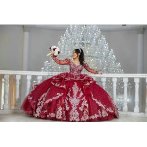 Long Sleeve Burgundy Quinceanera Dress Lace Appliques V Neck 15 Dresses