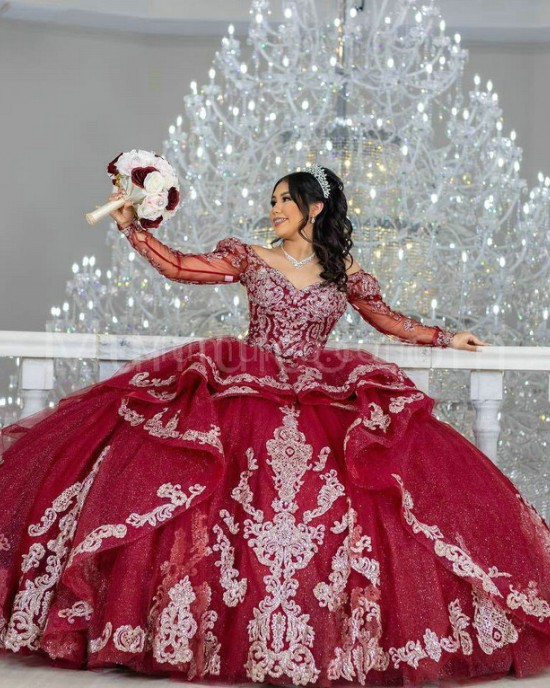 Long Sleeve Burgundy Quinceanera Dress Lace Appliques V Neck 15 Dresses