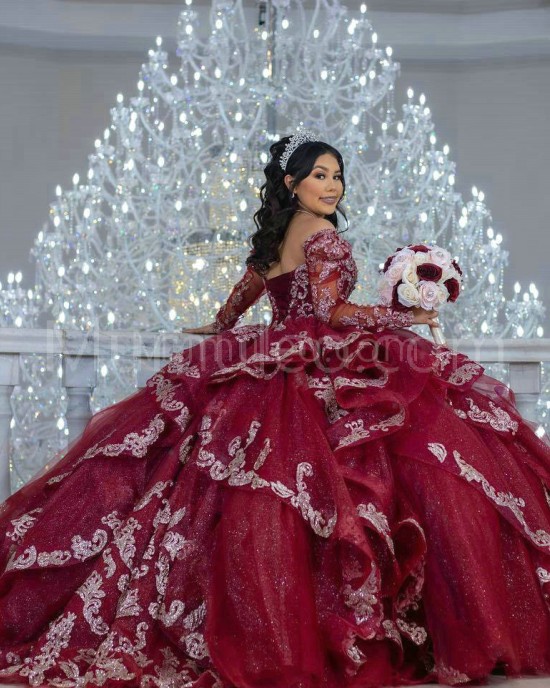 Long Sleeve Burgundy Quinceanera Dress Lace Appliques V Neck 15 Dresses