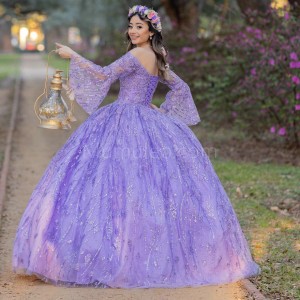 Long Sleeve Lilac Quinceanera Dress Metallic Sequin Sweetheart Neck 15 Dresses