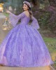 Long Sleeve Lilac Quinceanera Dress Metallic Sequin Sweetheart Neck 15 Dresses