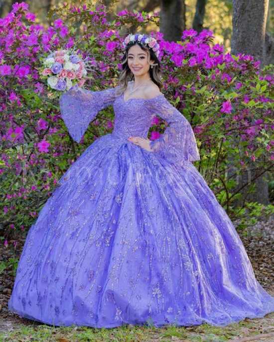 Long Sleeve Lilac Quinceanera Dress Metallic Sequin Sweetheart Neck 15 Dresses