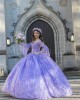 Long Sleeve Lilac Quinceanera Dress Metallic Sequin Sweetheart Neck 15 Dresses