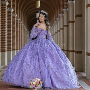 Long Sleeve Lilac Quinceanera Dress Metallic Sequin Sweetheart Neck 15 Dresses