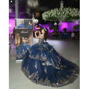 Navy Blue Off Shoulder Quinceanera Dress Metallic Sequin Sweetheart Neck 15 Dresses