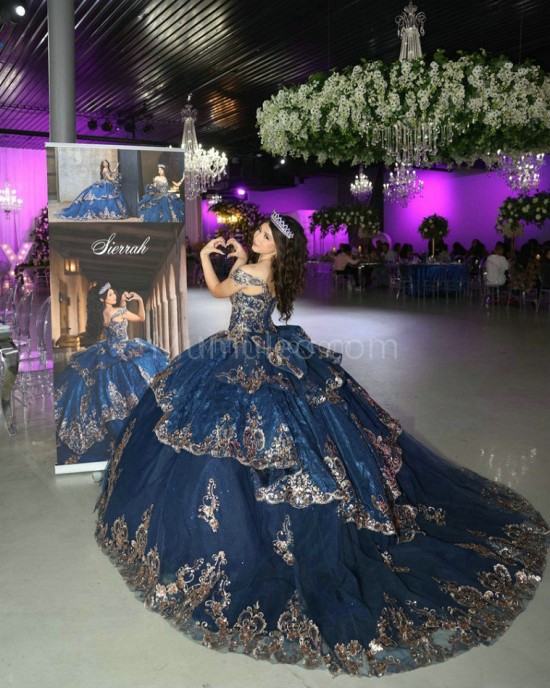 Navy Blue Off Shoulder Quinceanera Dress Metallic Sequin Sweetheart Neck 15 Dresses