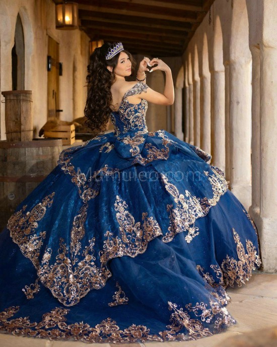 Navy Blue Off Shoulder Quinceanera Dress Metallic Sequin Sweetheart Neck 15 Dresses