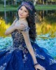 Navy Blue Off Shoulder Quinceanera Dress Metallic Sequin Sweetheart Neck 15 Dresses